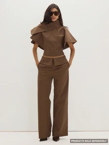 MUSEYN Brown Woven Structured Asymmetric Oversized Collar Top - Brown - View 1