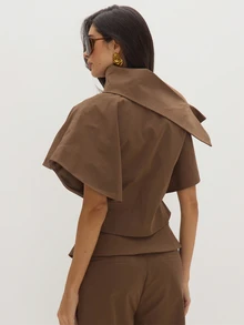 MUSEYN Brown Woven Structured Asymmetric Oversized Collar Top - Brown - View 5