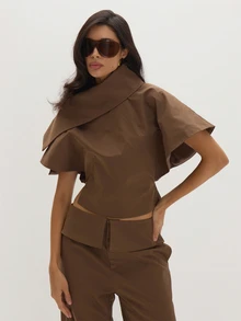 MUSEYN Brown Woven Structured Asymmetric Oversized Collar Top - Brown - View 3