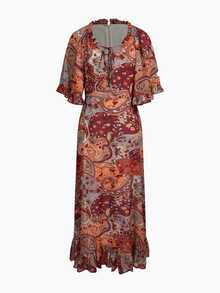 MOTF PREMIUM WOMEN'S PAISLEY PRINT SWEETHEART NECK RUFFLE HEM DRESS, SPRINT SUMMER AUTUMN - Burgundy - View 3