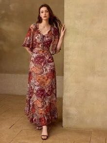 MOTF PREMIUM WOMEN'S PAISLEY PRINT SWEETHEART NECK RUFFLE HEM DRESS, SPRINT SUMMER AUTUMN - Burgundy - View 4