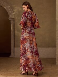 MOTF PREMIUM WOMEN'S PAISLEY PRINT SWEETHEART NECK RUFFLE HEM DRESS, SPRINT SUMMER AUTUMN - Burgundy - View 7
