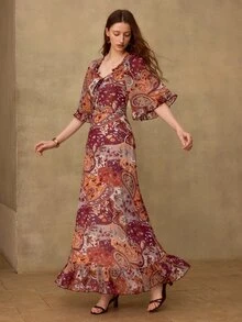 MOTF PREMIUM WOMEN'S PAISLEY PRINT SWEETHEART NECK RUFFLE HEM DRESS, SPRINT SUMMER AUTUMN - Burgundy - View 6