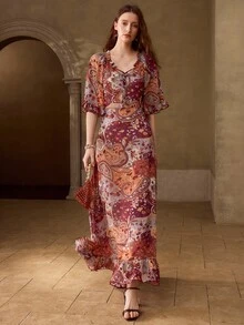 MOTF PREMIUM WOMEN'S PAISLEY PRINT SWEETHEART NECK RUFFLE HEM DRESS, SPRINT SUMMER AUTUMN - Burgundy - View 5