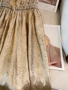 Lyxana 女士荷叶边腰身金色无袖长裙 - 金色 - 查看 3