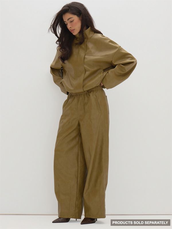 MUSEYN Khaki PU Elastic Waistband Wide Leg Pants