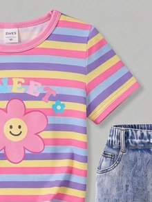 女童休閒簡約卡通印花圓領短袖上衣與喇叭褲兩件套，適合夏季 - 彩色 - 查看 3