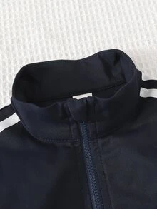 Cozy Pixies 男嬰兒童休閒日常時尚翻領開襟藍色拼接織帶夾克外套與運動長褲套裝，返校季 - 藍色 - 查看 5
