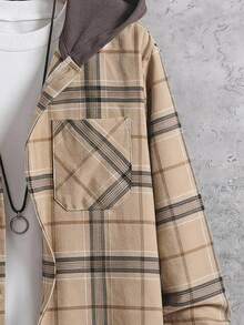 Vacaura 1pc Boys' Plaid Hooded Jacket, Autumn/Winter Casual Daily Commute Outfit,Fall Outfits,Fall Clothes - Khaki - View 4