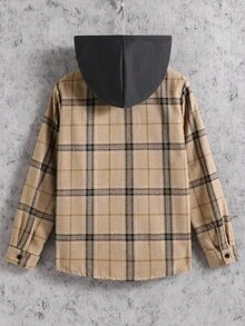 Vacaura 1pc Boys' Plaid Hooded Jacket, Autumn/Winter Casual Daily Commute Outfit,Fall Outfits,Fall Clothes - Khaki - View 2