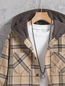 Vacaura 1pc Boys' Plaid Hooded Jacket, Autumn/Winter Casual Daily Commute Outfit,Fall Outfits,Fall Clothes - Khaki - View 3