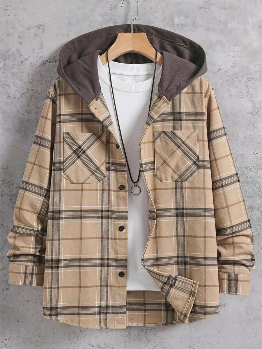 Vacaura 1pc Boys' Plaid Hooded Jacket, Autumn/Winter Casual Daily Commute Outfit,Fall Outfits,Fall Clothes - Khaki - View 1