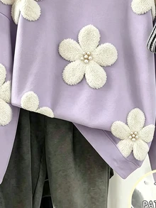 SHEIN 紫色人造植絨珍珠花女款連帽衛衣，小碼短版寬鬆慵懶軟綿親膚套頭上衣，春夏秋冬百搭甜美小眾上衣，秋冬可愛甜美女孩童裝 - 彩色 - 查看 4