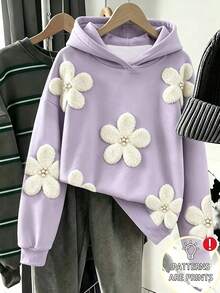 SHEIN 紫色人造植絨珍珠花女款連帽衛衣，小碼短版寬鬆慵懶軟綿親膚套頭上衣，春夏秋冬百搭甜美小眾上衣，秋冬可愛甜美女孩童裝 - 彩色 - 查看 5
