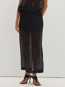 MUSEYN Black Chiffon Sheer Layered Maxi Skirt Flowy Ethereal Romantic Date Night Office Fall - Black - View 2