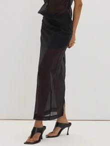 MUSEYN Black Chiffon Sheer Layered Maxi Skirt Flowy Ethereal Romantic Date Night Office Fall - Black - View 3