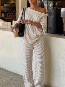 Siren Gaze 女款秋季白色休閒條紋不對稱領 T恤褲子兩件套 返校 出門 Y2K 基本款街頭風 健身房 萬聖節 運動健身 - 彩色 - 查看 2