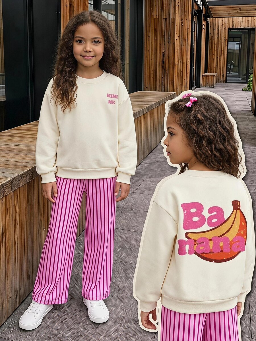 Kids Young Girl Knitted Solid Color Letter Pattern Crew Neck Loose Casual T-Shirt And Striped Loose Long Pants 2 Pieces Set - Multicolor - View 1