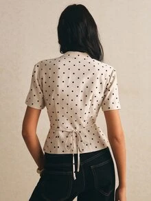 Poéselle 女士波点印花时尚法式系带短袖衬衫 - 杏色 - 查看 3