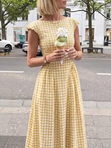 Poéselle 女士格子船领短袖优雅中长连衣裙 - 淡黃色 - 查看 5