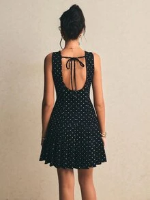Poéselle 女士波点印花露背系带迷你连衣裙 - 黑色 - 查看 2