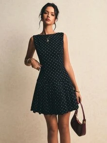 Poéselle 女士波点印花露背系带迷你连衣裙 - 黑色 - 查看 6