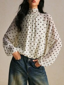 Poéselle 女款優雅通勤波點印花襯衫 - 杏色 - 查看 6