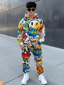 SHEIN 2件組兒童青少年男孩休閒簡約卡通趣味抽象塗鴉圖案寬鬆簡單針織軟綿連帽衛衣長袖運動衫與運動褲套裝，適合通勤、上學、日常休閒、度假、旅行、運動，秋冬適用 - 藍色 - 查看 6