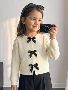 SHEIN 女童秋冬米色針織對比黑蝴蝶結圓領針織外套，百搭可愛，適合外出、上學、日常穿著 - 彩色 - 查看 5