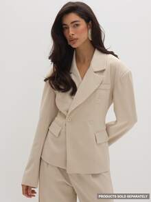 MUSEYN Cream Woven Super Cinched Structured Shoulder Suit Blazer Tailored Polished Crisp Office Business Fall New Season Capsule Wardrobe - Khaki - View 1
