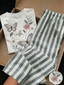 Tween Girl Casual Minimalist Style Faux Texture Faux Pearl Embroidery Pattern Short Sleeve T-Shirt Paired With Striped Casual Long Pants 2pcs Set - Multicolor - View 4