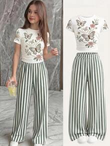 Tween Girl Casual Minimalist Style Faux Texture Faux Pearl Embroidery Pattern Short Sleeve T-Shirt Paired With Striped Casual Long Pants 2pcs Set - Multicolor - View 1