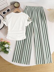 Tween Girl Casual Minimalist Style Faux Texture Faux Pearl Embroidery Pattern Short Sleeve T-Shirt Paired With Striped Casual Long Pants 2pcs Set - Multicolor - View 2