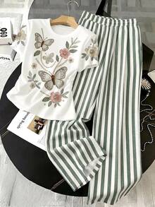 Tween Girl Casual Minimalist Style Faux Texture Faux Pearl Embroidery Pattern Short Sleeve T-Shirt Paired With Striped Casual Long Pants 2pcs Set - Multicolor - View 3