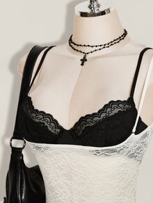 SHEIN ICON 撞色蕾丝吊带背心，性感无袖女式背心 - 黑與白 - 查看 6