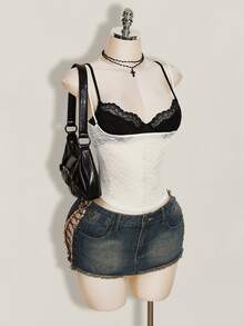 SHEIN ICON 撞色蕾丝吊带背心，性感无袖女式背心 - 黑與白 - 查看 7