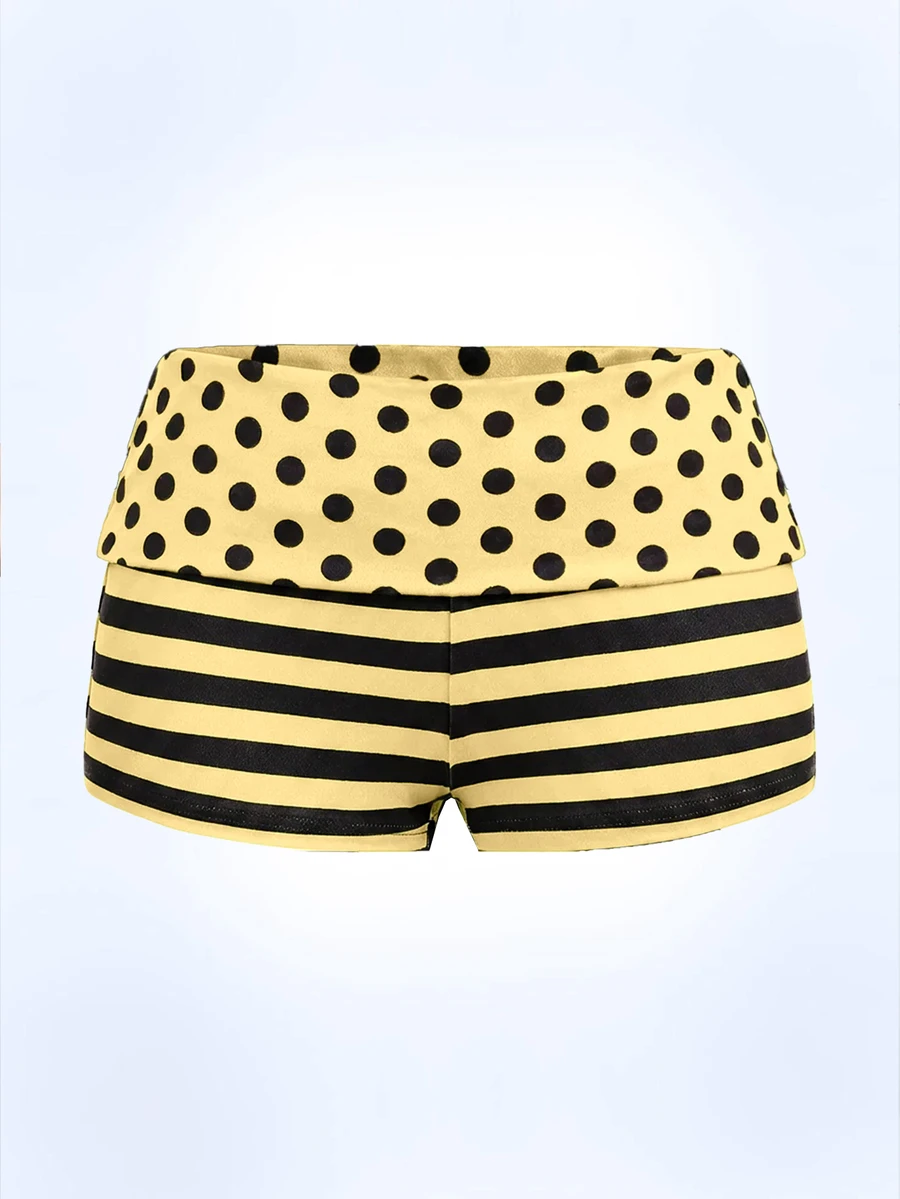 Y2Kool Vecteezy Bright Yellow, Color Block, Striped, Polka Dot, Y2K, Streetwear, Casual Women's Shorts - Pale Yellow - View 1