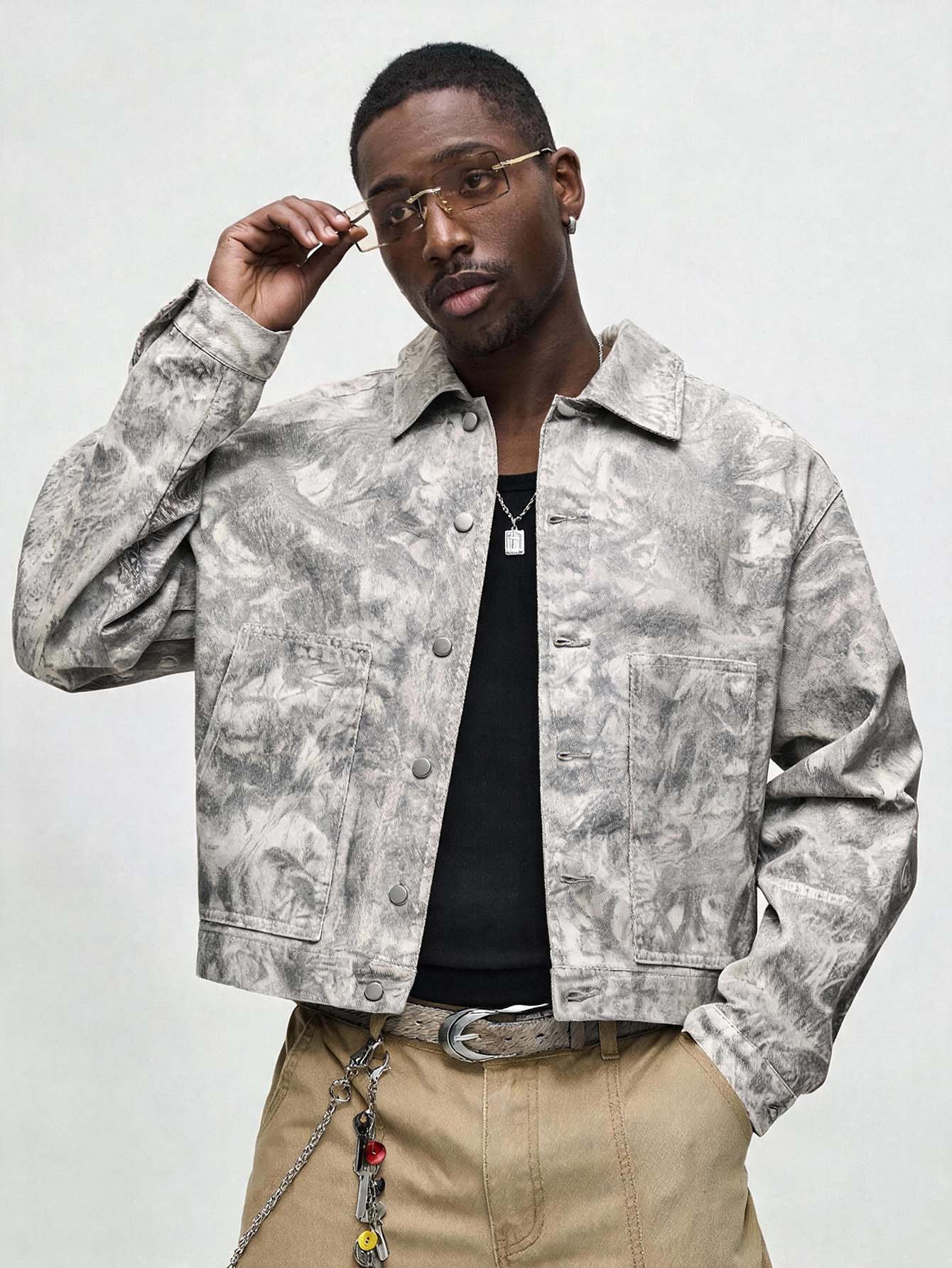 ROMWE MEN Men's Washed Print Loose Casual Denim Jacket - Apricot - View 1