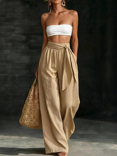 SHEIN Women's Spring/Summer Khaki Side Knot Tie Elastic High Waist Textured Drape Wide Leg Floor Length Pants With Pockets