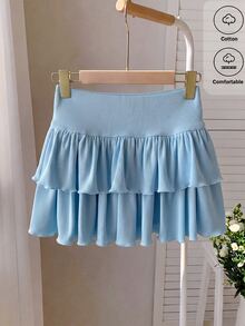 SHEIN 青少年女孩裙子，內建內搭褲內襯，防走光，適合休閒、度假、校園與街頭風格 - 藍色 - 查看 6