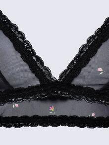 AiiRZ Ditsy Floral Mesh Bralette With Lace Trim Edges Sheer Triangle Cup Adjustable Straps Lingerie Valentine's Day - Multicolor - View 4
