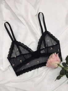 AiiRZ Ditsy Floral Mesh Bralette With Lace Trim Edges Sheer Triangle Cup Adjustable Straps Lingerie Valentine's Day - Multicolor - View 1
