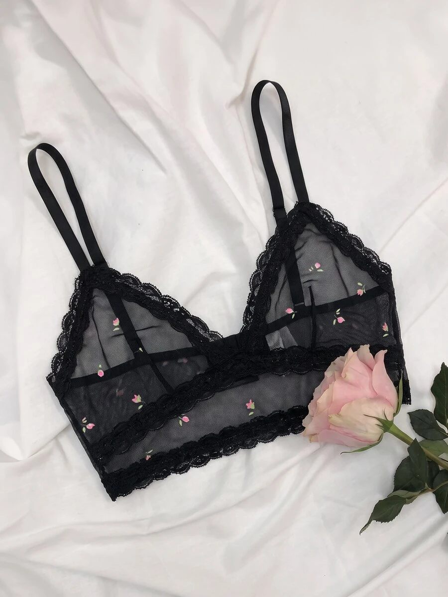 AiiRZ Ditsy Floral Mesh Bralette With Lace Trim Edges Sheer Triangle Cup Adjustable Straps Lingerie Valentine's Day - Multicolor - View 1