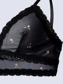 AiiRZ Ditsy Floral Mesh Bralette With Lace Trim Edges Sheer Triangle Cup Adjustable Straps Lingerie Valentine's Day - Multicolor - View 3