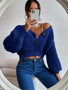 EURMUSE Women's Solid Color Drop Shoulder Long Sleeve Single-Breasted Casual Loose Cardigan - Royal Blue - View 5