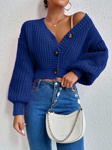 EURMUSE Women's Solid Color Drop Shoulder Long Sleeve Single-Breasted Casual Loose Cardigan - Royal Blue - View 4