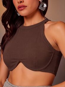 Denimoi Women Solid Color Crop Top Sleeveless Sexy Shirt - Coffee Brown - View 3