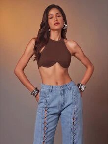 Denimoi Women Solid Color Crop Top Sleeveless Sexy Shirt - Coffee Brown - View 5