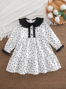 SHEIN Young Girl Kids Heart Print Contrast Lace Peter Pan Collar Long Sleeve Dress  Girls' Elegant Vintage French Style Black & White Polka Dot Dress - Multicolor - View 4