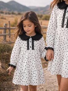 SHEIN Young Girl Kids Heart Print Contrast Lace Peter Pan Collar Long Sleeve Dress  Girls' Elegant Vintage French Style Black & White Polka Dot Dress - Multicolor - View 1